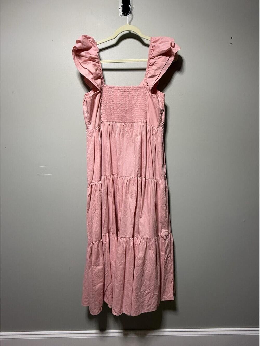 Abercrombie & Fitch Pink Poplin Tiered Smocked Square Neck Maxi Dress XLT - Picture 4 of 8